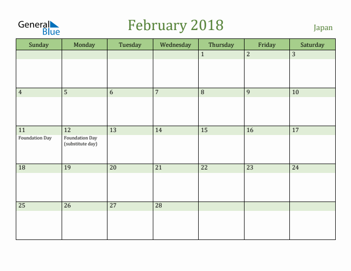 February 2018 Calendar with Japan Holidays