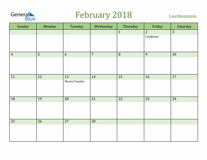 February 2018 Calendar with Liechtenstein Holidays