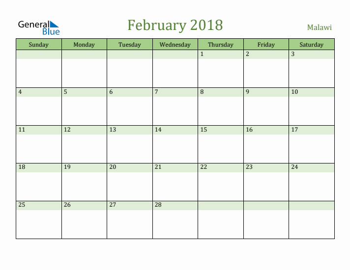 February 2018 Calendar with Malawi Holidays