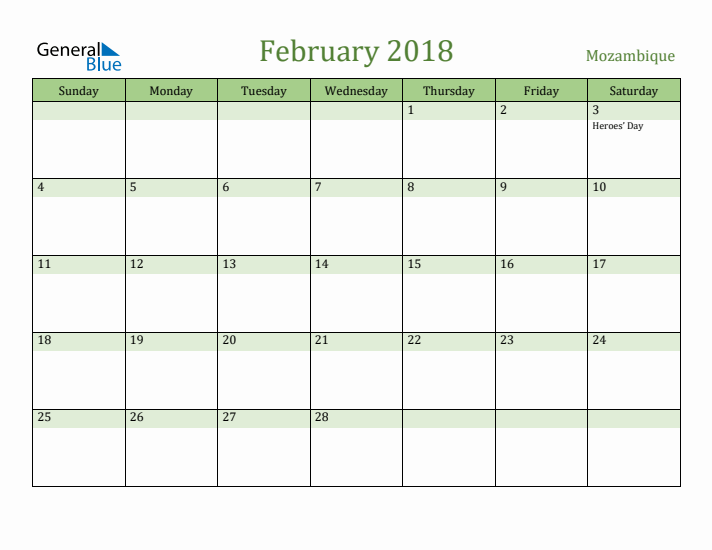 February 2018 Calendar with Mozambique Holidays