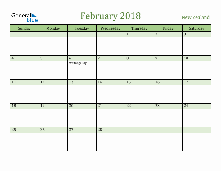 February 2018 Calendar with New Zealand Holidays