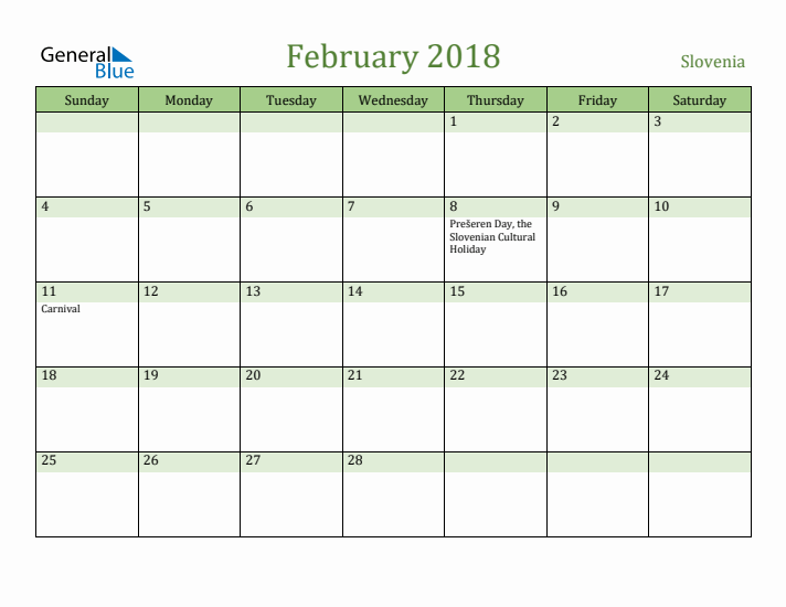 February 2018 Calendar with Slovenia Holidays