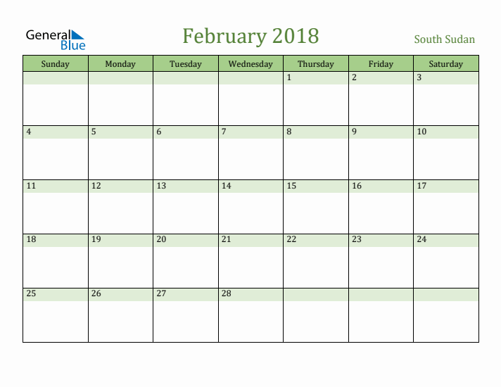 February 2018 Calendar with South Sudan Holidays