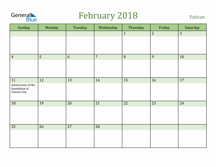 February 2018 Calendar with Vatican Holidays