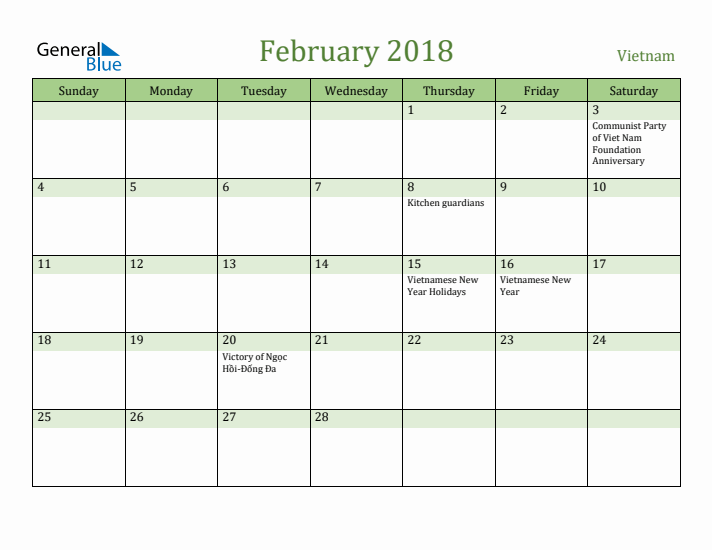 February 2018 Calendar with Vietnam Holidays