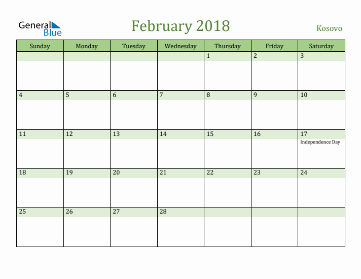 February 2018 Calendar with Kosovo Holidays