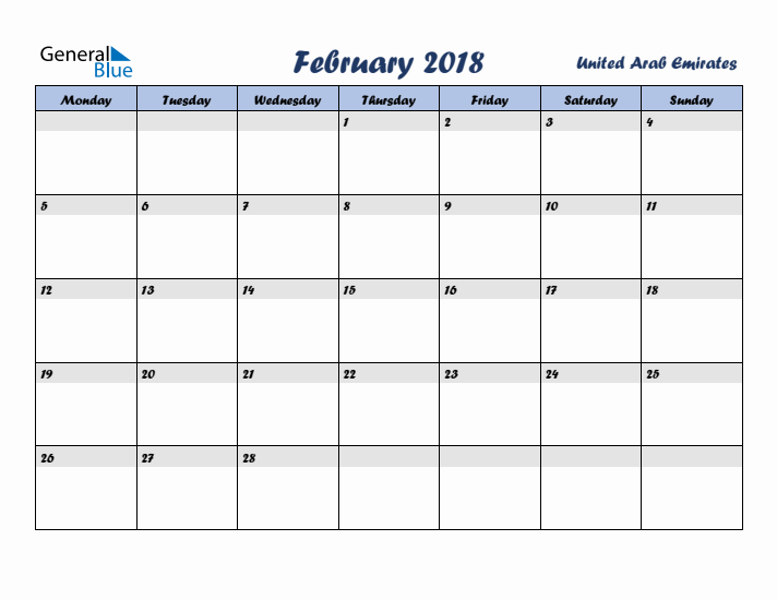 February 2018 Calendar with Holidays in United Arab Emirates