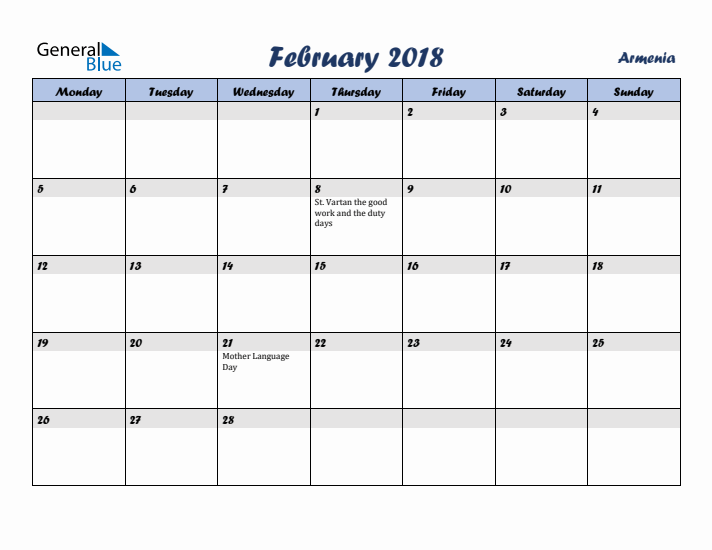 February 2018 Calendar with Holidays in Armenia