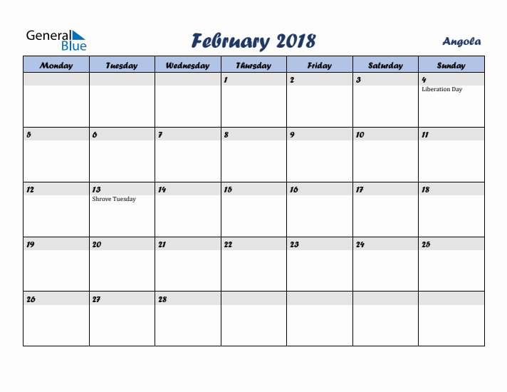 February 2018 Calendar with Holidays in Angola