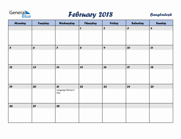 February 2018 Calendar with Holidays in Bangladesh