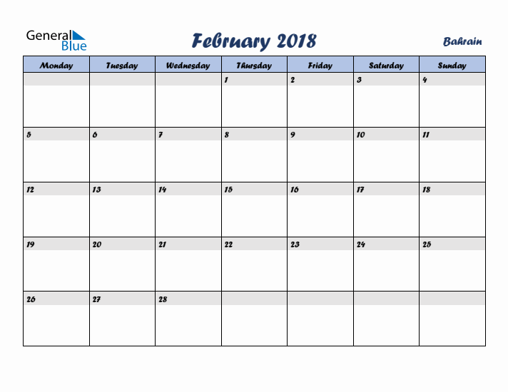 February 2018 Calendar with Holidays in Bahrain