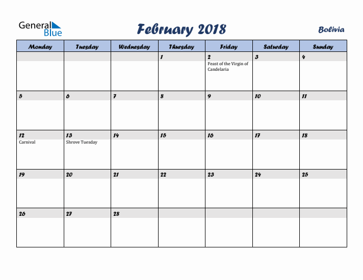 February 2018 Calendar with Holidays in Bolivia