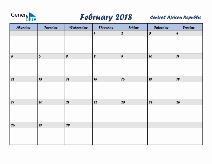 February 2018 Calendar with Holidays in Central African Republic