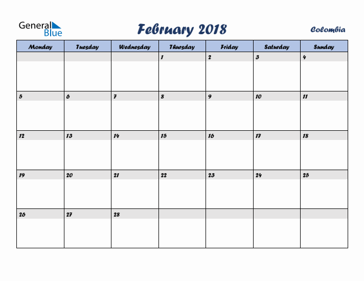 February 2018 Calendar with Holidays in Colombia