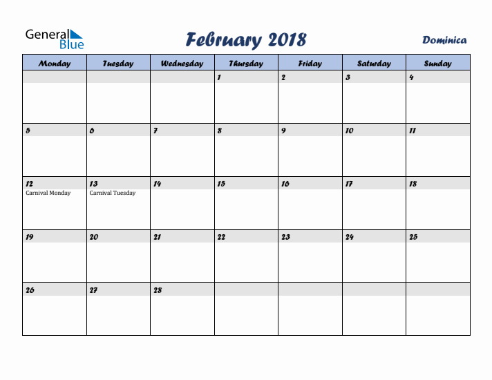 February 2018 Calendar with Holidays in Dominica