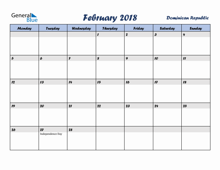 February 2018 Calendar with Holidays in Dominican Republic