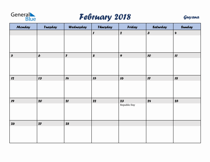 February 2018 Calendar with Holidays in Guyana