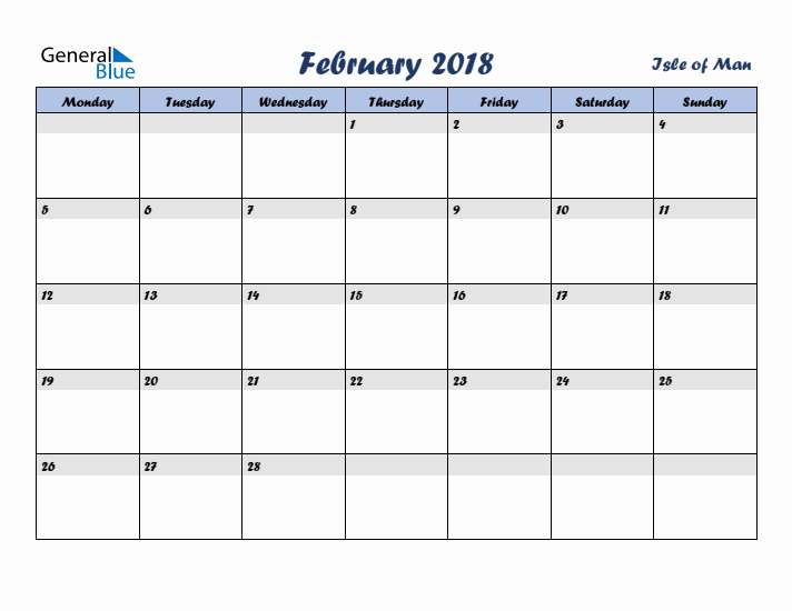 February 2018 Calendar with Holidays in Isle of Man