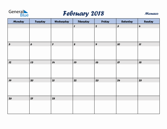 February 2018 Calendar with Holidays in Monaco