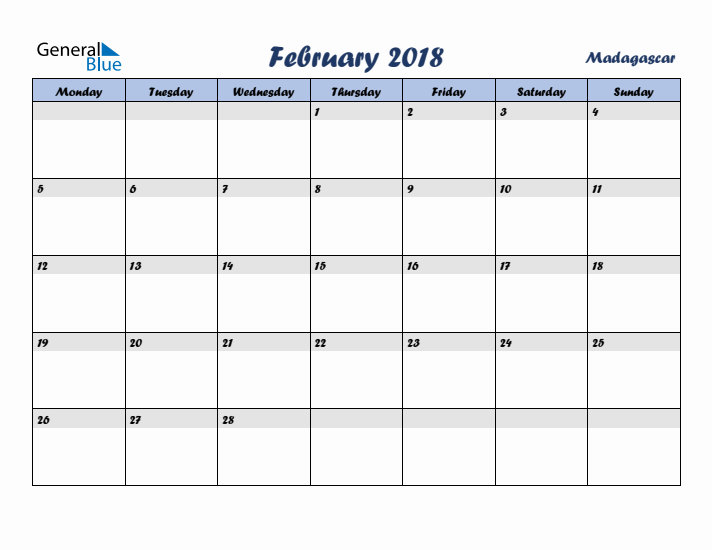 February 2018 Calendar with Holidays in Madagascar