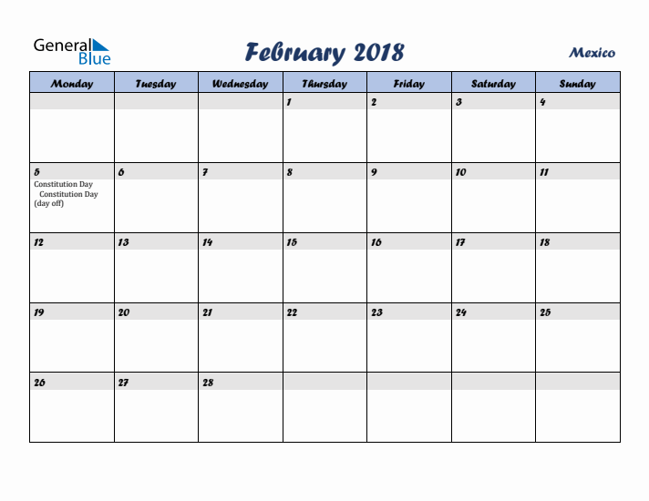 February 2018 Calendar with Holidays in Mexico