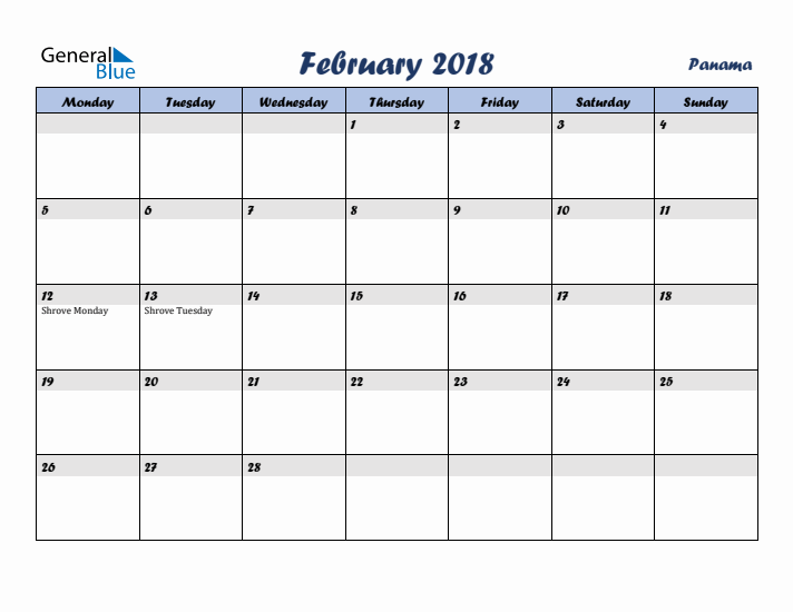 February 2018 Calendar with Holidays in Panama