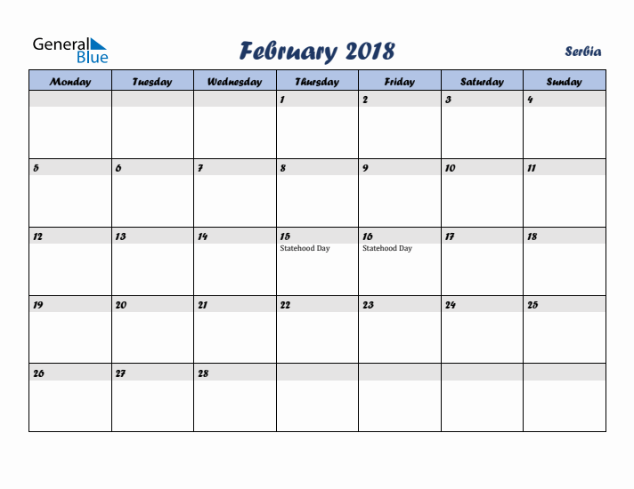 February 2018 Calendar with Holidays in Serbia