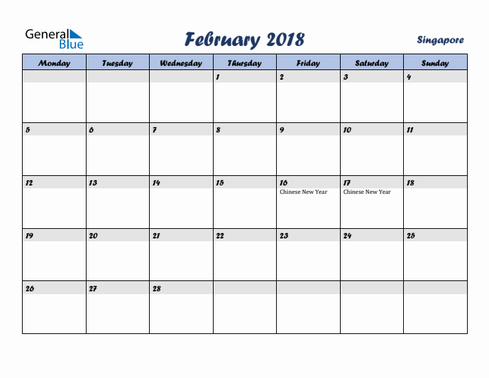 February 2018 Calendar with Holidays in Singapore