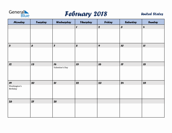 February 2018 Calendar with Holidays in United States