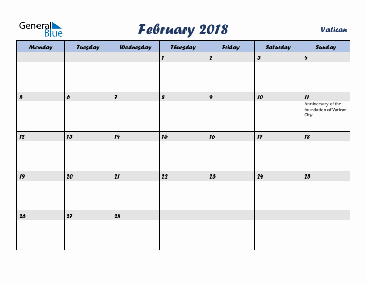 February 2018 Calendar with Holidays in Vatican