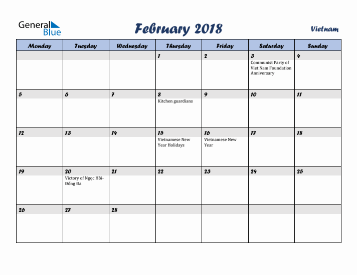 February 2018 Calendar with Holidays in Vietnam