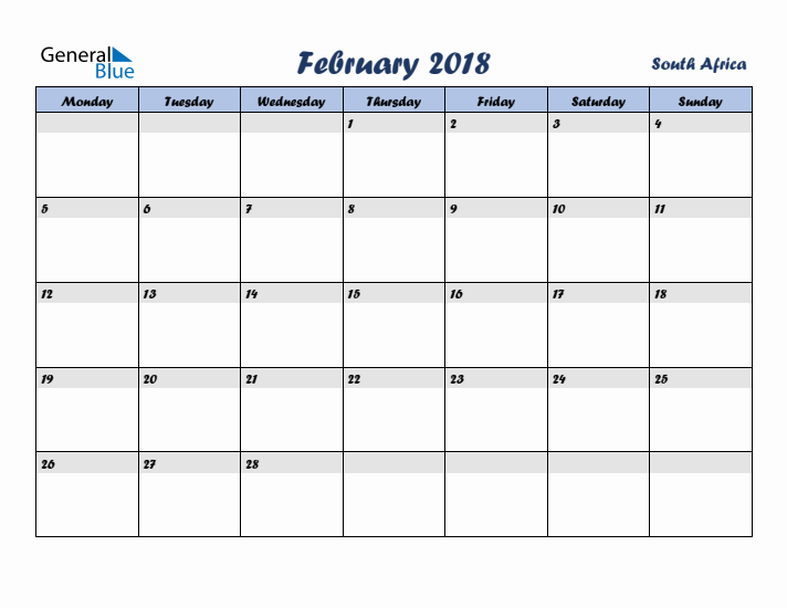 February 2018 Calendar with Holidays in South Africa