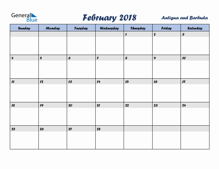 February 2018 Calendar with Holidays in Antigua and Barbuda