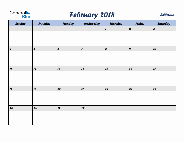 February 2018 Calendar with Holidays in Albania