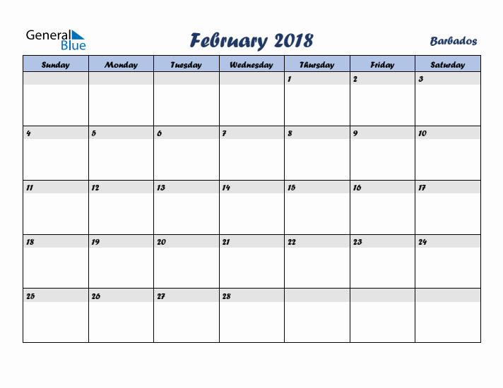 February 2018 Calendar with Holidays in Barbados