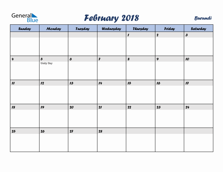 February 2018 Calendar with Holidays in Burundi