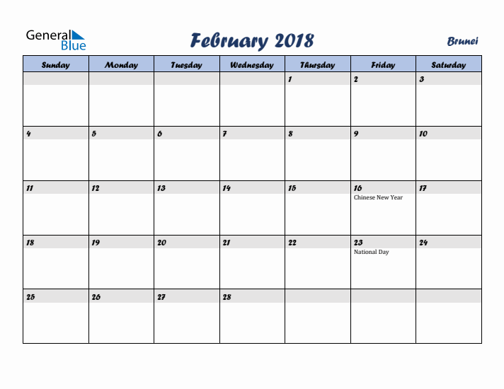 February 2018 Calendar with Holidays in Brunei