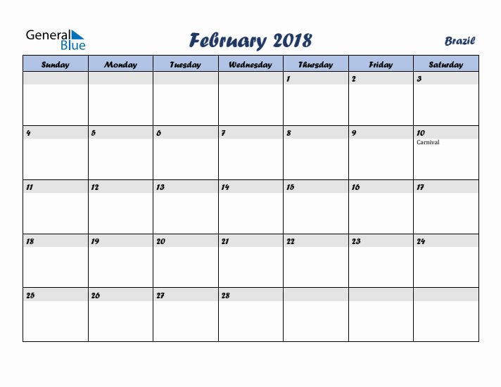 February 2018 Calendar with Holidays in Brazil