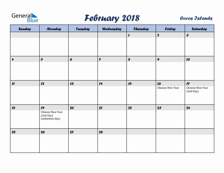 February 2018 Calendar with Holidays in Cocos Islands