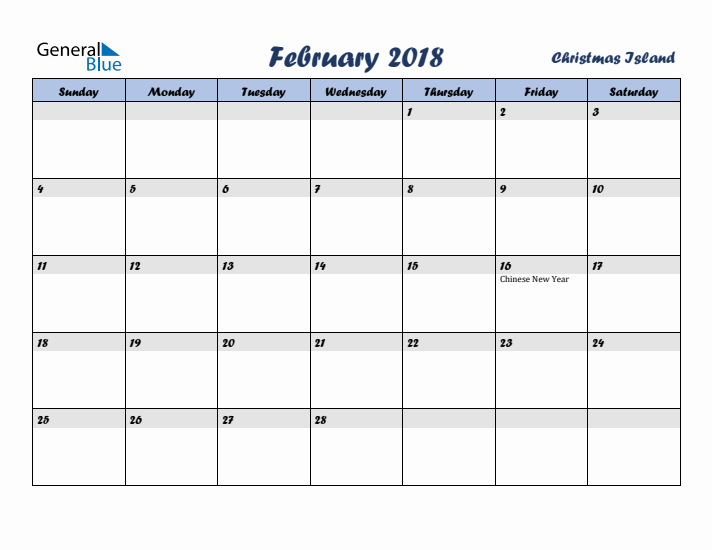 February 2018 Calendar with Holidays in Christmas Island