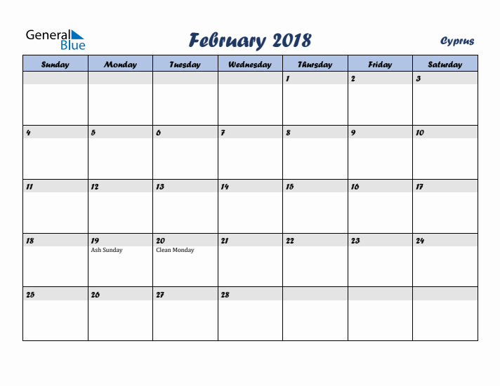 February 2018 Calendar with Holidays in Cyprus