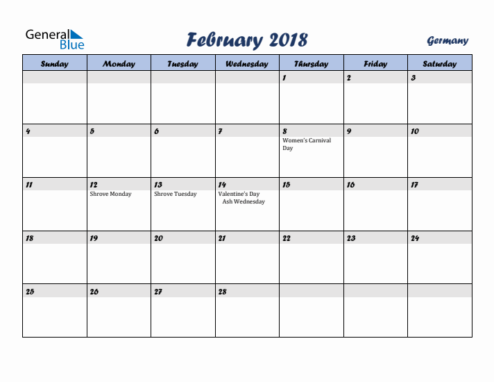 February 2018 Calendar with Holidays in Germany