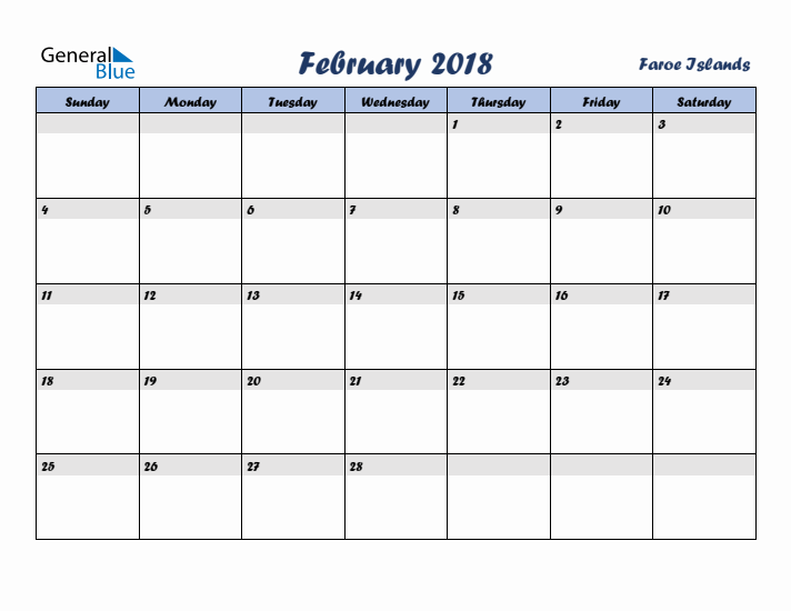 February 2018 Calendar with Holidays in Faroe Islands