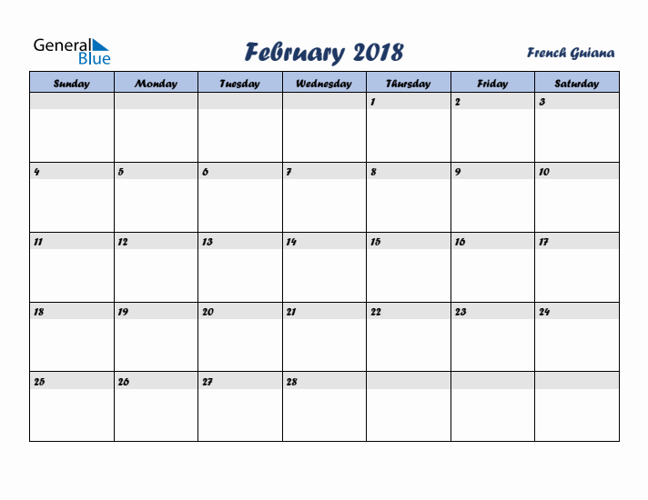 February 2018 Calendar with Holidays in French Guiana