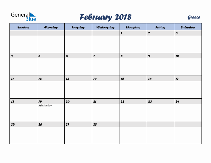 February 2018 Calendar with Holidays in Greece