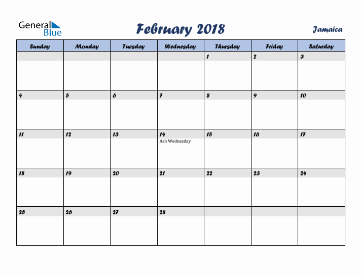 February 2018 Calendar with Holidays in Jamaica