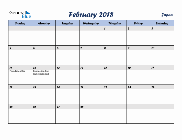 February 2018 Calendar with Holidays in Japan