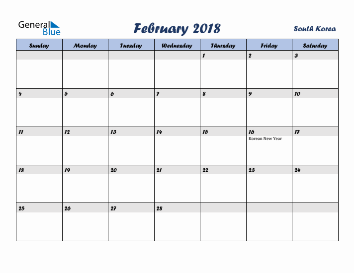 February 2018 Calendar with Holidays in South Korea