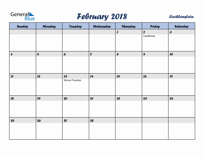 February 2018 Calendar with Holidays in Liechtenstein