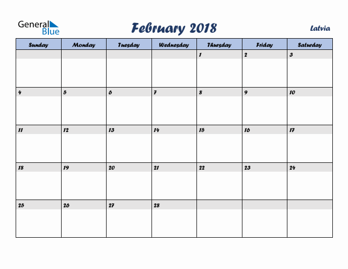 February 2018 Calendar with Holidays in Latvia